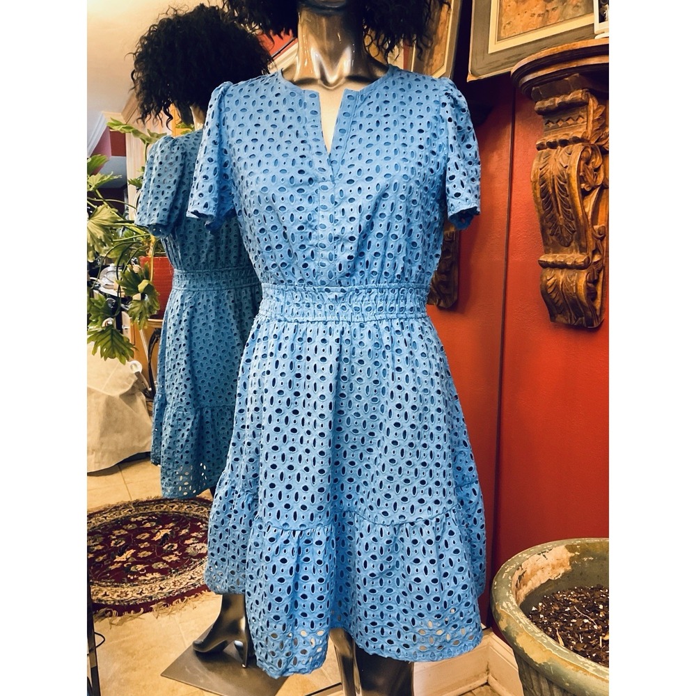 PrettyGarden Blue Eyelet Lace Mini Dress Womens S A-Line V-Neck Summer Boho NWT